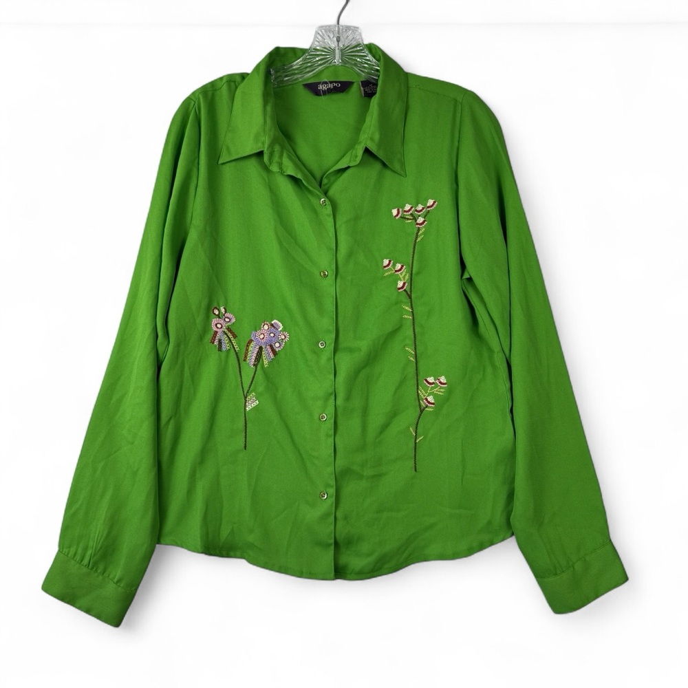 Agapo‎ Button Down Embroidered Top Womens M Long Sleeve Green Lightweight